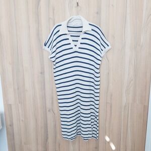 Easy Clothes Knit Sweater Midi Dress XL Cream Blue Striped Italy Preppy Nautical
